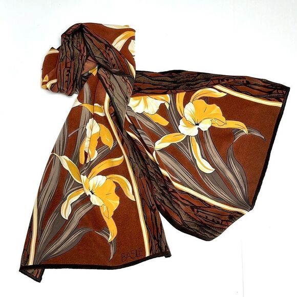 Basile Oblong Silk Scarf Brown Yellow Orchid Hand Rolled - Picture 6 of 10
